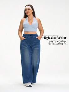 Flexra Plus Size Plain Color Block Casual Stretchy Knit Jeans - Blue - View 7