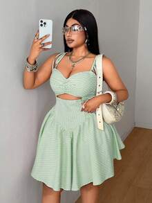 Maweii Plus Size Refreshing Mori Style Korean Elegant Spaghetti Strap Dress - Green - View 1