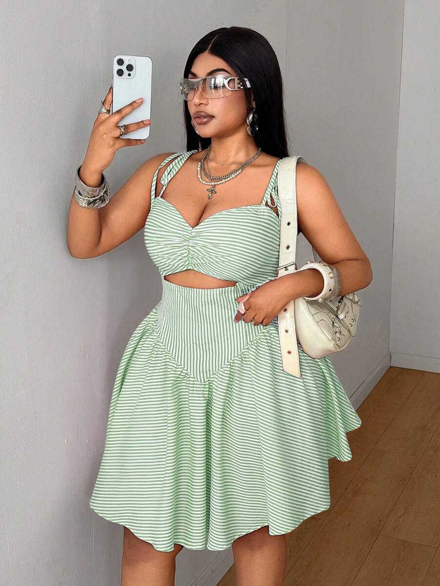 Maweii Plus Size Refreshing Mori Style Korean Elegant Spaghetti Strap Dress - Green - View 1