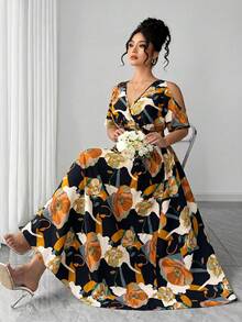 Elenzga 大码女式露背交叉胸罩罩杯度假连衣裙，腰果花印花，A字收腰设计，花卉印花，纹理面料，春夏长款连衣裙，适合毕业典礼、节日、情人节、音乐节、母亲节、万圣节、感恩节、复活节、国庆节、舞会、约会、派对、婚礼、郊游等场合。 - 黑色 - 查看 1