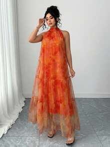 Vestido de mujer de talla grande elegante con tejido sin mangas de doble capa y malla con estampado floral - Naranja - Ver 5
