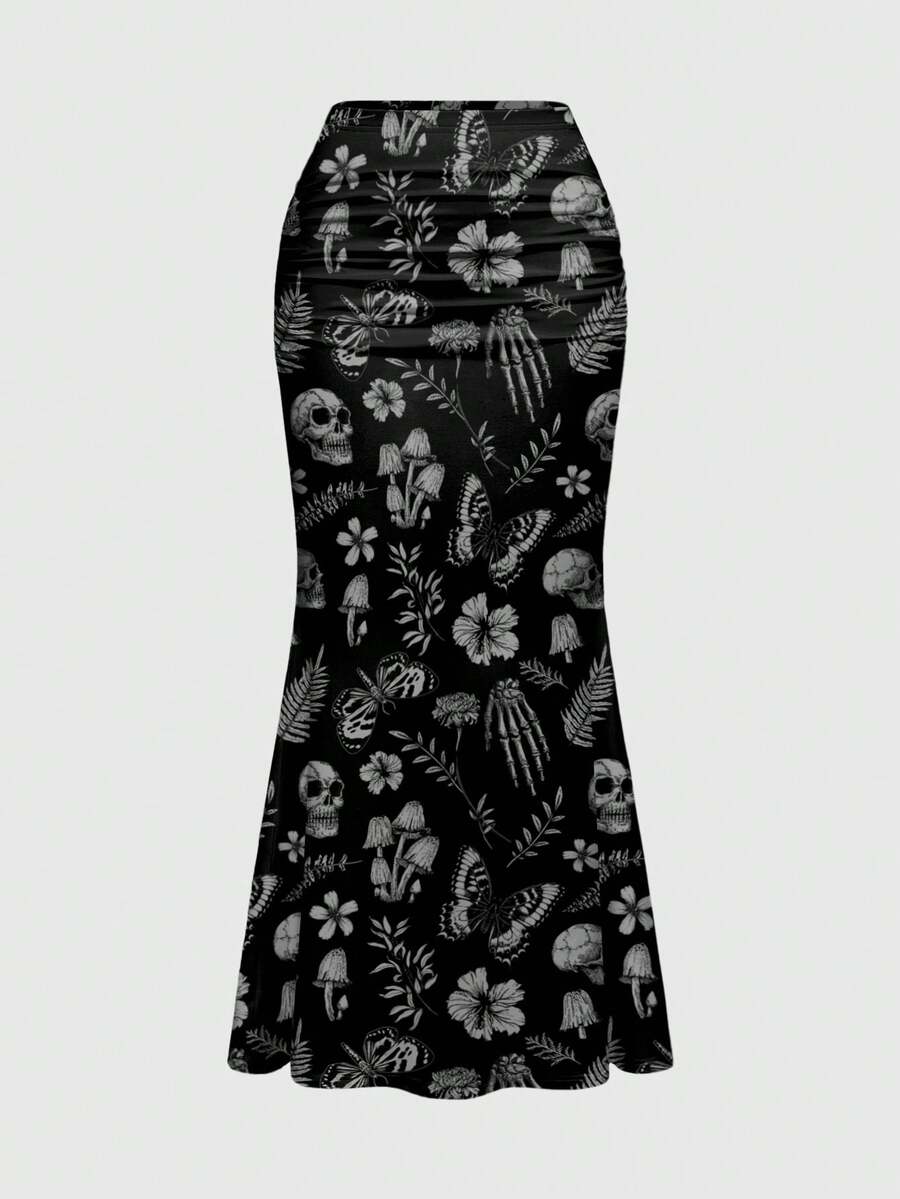 ROMWE Goth 哥特式暗黑神秘褶皱优雅度假浪漫大码半身裙 - 黑色 - 查看 1