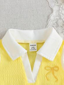 SHEIN Playful Pals 2件組 嬰兒女童淡黃色領口無袖蝴蝶結刺繡V領背心上衣 & 彈性腰輕藍色裙褲 夏季可愛度假風 - 黃色 - 查看 4