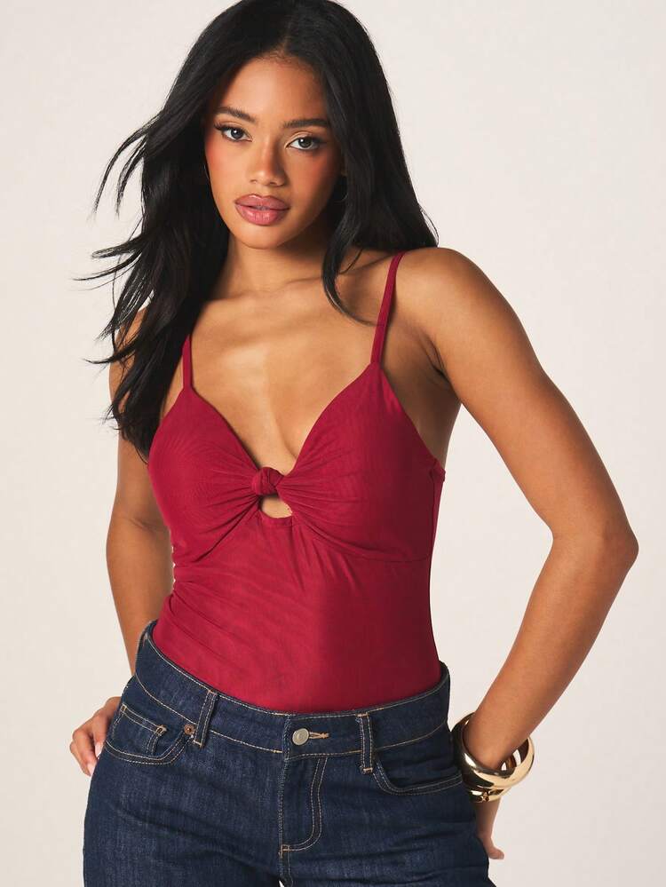 MISSGUIDED Women Burgundy Red Twist Front Deep V Neck Sleeveless Bodysuit With Keyhole Cutout Detail