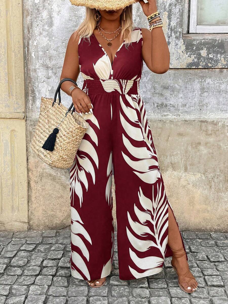 Breezaya Plus Size Shirred Contrast Color Backless Sleeveless Wide Strap Jumpsuit With Slit Beach Vacation Burgundy Summer - Burgundy - View 1