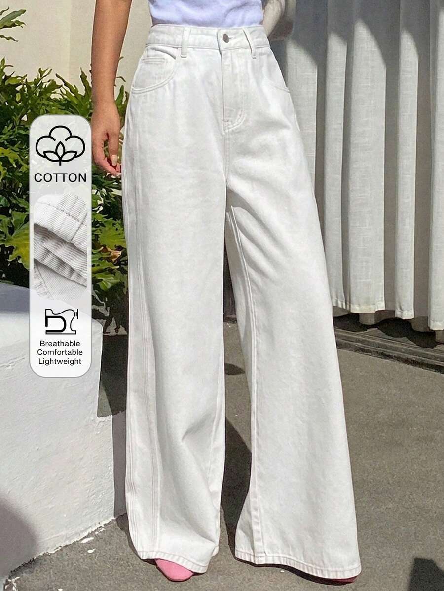 Livesso Women's Loose Casual Vacation Style Distressed Pink Wide Leg Jeans, Suitable For Spring & Summer - White - View 1