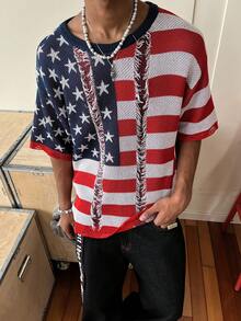STEELVANCE Camiseta de punto de manga corta con estampado de bandera americana desgastada, casual para verano - Rojo - Ver 1