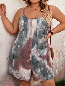 SHEIN CURVE+ CURVE PLUS 女士扎染褶皱休闲连体裤，吊带设计，适合夏季穿着，尺码齐全，Hoho Vacationbeach 女装/沙滩裙/海滩度假装/海滩必备单品/毕业典礼/下午茶派对礼服 - 彩色 - 查看 2