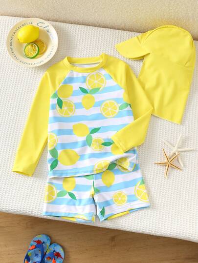SHEIN 3pcs/Set Young Boy Casual Summer Vacation Tropical Lemon Stripe Print Long Sleeve Shorts & Sun Hat Swimwear Set, Suitable For Spring/Summer Homewear, Outdoor, Travel, Beach, Pool Party