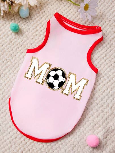 PETSIN 1pc Cute MOM Football Letter Printed Pet Tank Top Soft Breathable Pink Patchwork Red Casual Style Pet Clothes