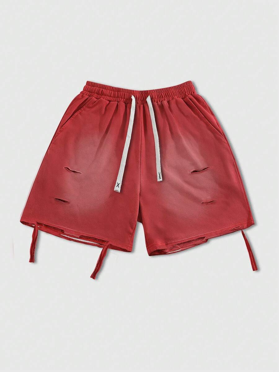 ROMWE MEN Casual Men's Vintage Distressed Splatter Print Horse Graphic Sports Shorts, Suitable For Daily Wear In Spring And Summer - Red - View 1