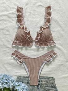 Swim Mod 2件套女童特制条纹荷叶边三角比基尼上衣和V领喇叭三角比基尼泳裤泳装套装，荷叶边比基尼沙滩装，2件套，2件套度假装比基尼套装 - 咖啡棕 - 查看 6