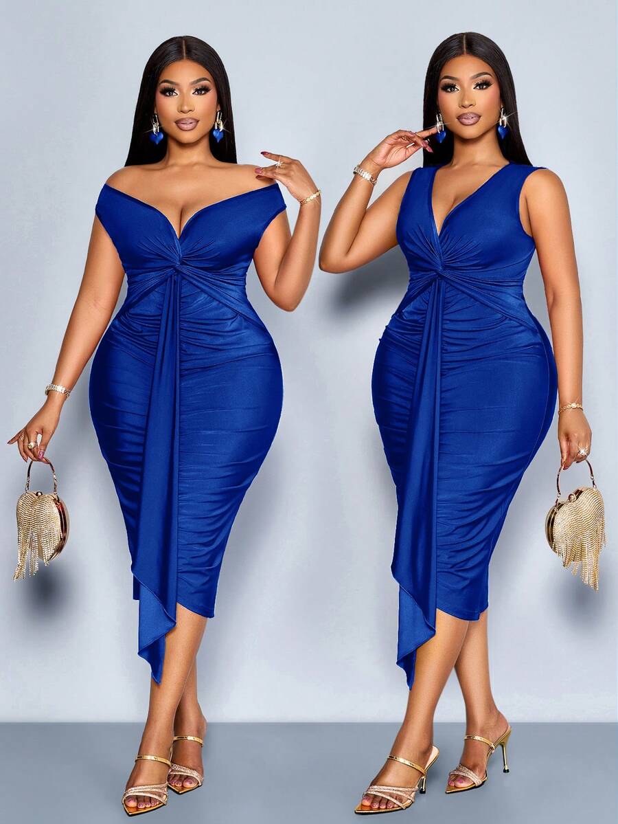 SOLERSUN Plus Size Royal Blue Autumn Curve Elegant Cocktail Dress Women Summer Shiny V-Neck Pleated Twist Off-The-Shoulder Knitted High Elastic Party Dress - Royal Blue - View 1