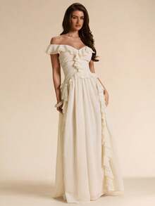 SHEIN BAE Aprikosenfarbenes Chiffon-Maxikleid mit tiefem V-Ausschnitt, Rüschenbesatz und figurbetonigter Passform, Creme, Sommer, elegant, Hochzeits-Brautkleid, Damen-Sommerkleid, formelles Brautjungfernkleid - Aprikosenfarben - Übersicht 4