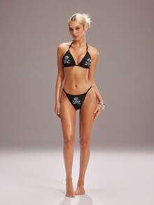Y2Kool NEARLY THERE Bộ bikini và áo croptop họa tiết đầu lâu đính đá đen phong cách Y2K cá tính, thích hợp cho các bữa tiệc mùa xuân/hè, kỳ nghỉ, bãi biển, lễ hội âm nhạc. - màu đen - Xem 6