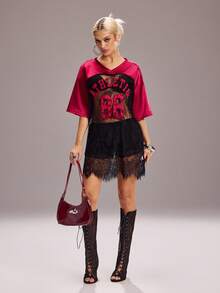 Y2Kool NEARLY THERE Red Satin Fabric Patchwork Black Lace Semi-Sheer Sexy Y2K Hot Girl Casual Streetwear Sports Women's V-Neck Loose Oversize Short Dress Suitable For Spring/Summer Party Holiday Island Music Festival Electronic Music Festival Daily Wear - Red and Black - View 1