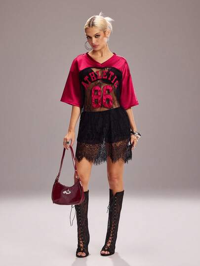 Y2Kool NEARLY THERE Vestido mini holgado con escote en V, de satén rojo y encaje negro, con parches, semi transparente y con estilo sexy Y2K deportivo, adecuado para fiestas de primavera/verano, vacaciones, festivales de música y uso diario