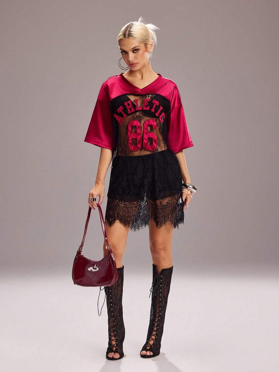 Y2Kool NEARLY THERE Red Satin Fabric Patchwork Black Lace Semi-Sheer Sexy Y2K Hot Girl Casual Streetwear Sports Women's V-Neck Loose Oversize Short Dress Suitable For Spring/Summer Party Holiday Island Music Festival Electronic Music Festival Daily Wear - Red and Black - View 1