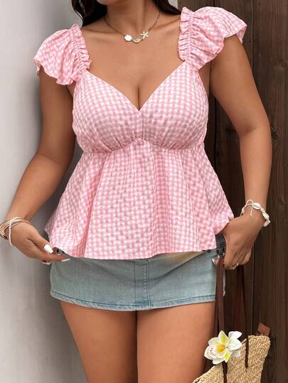 Sunnyshic Plus Size Women Casual Plaid Shirt, Waist Cinched Flared Hem Blouse, Cute Vacation Wear