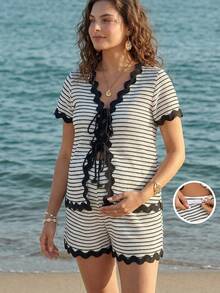 SHEIN Maternity Two-Piece Set,Black And White Striped V-Neck Tie Front Top & Shorts With Adjustable Waist,Summer Boho Beach Holiday Pregnant Women Outfit - Black and White - View 6