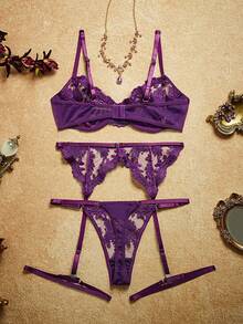 PinupPomp 5pcs/Set Lingerie Seksi Jala Bordir Wanita untuk Keluar Rumah - Purple - View 2