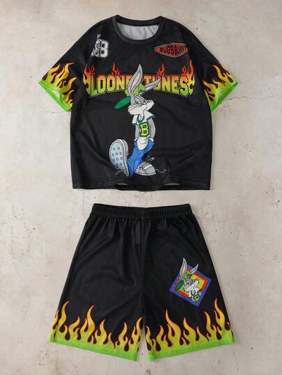 LOONEY TUNES X SHEIN Bộ đồ thường ngày cho bé trai tuổi teen: Áo thun ngắn tay cổ tròn in chữ hoạt hình và quần short.