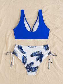 SHEIN Swim Traje de baño de dos piezas estampado, conjunto de ropa de playa de verano para mujeres - azul real - Ver 2