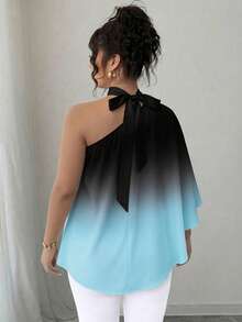 Elenzga Plus Size Contrast Color Ombre Tie Shoulder Asymmetrical Hem Blouse - Multicolor - View 2