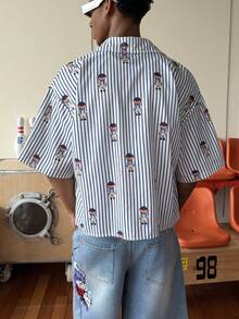 STEELVANCE Camisa casual de manga corta con botones, estampado de rayas y dibujos animados, para verano - Azul - Ver 2