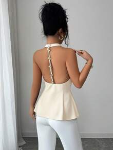 Elenzga Top de camisola de unicolor con cintura ceñida, decoración de hebilla de metal y espalda descubierta, adecuado para primavera y verano - Albaricoque - Ver 6
