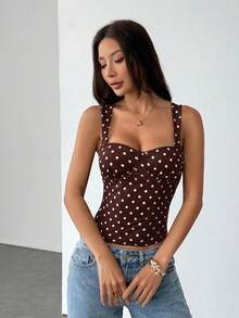 SHEIN PETITE 女款棕色與白色波點夏季1960年代復古優雅束腰上衣，適合夜店、生日派對、夜生活、度假、約會之夜 - 棕色 - 查看 7