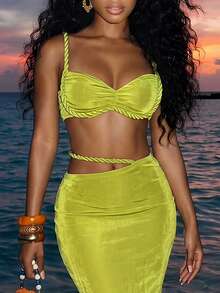 Slaydiva Women's Lime Green Summer Casual Beach Holiday Vacation Holiday Two Piece Set,Millennial Cable Knit Bra Cup Cami Top & Ice Silk Skirt - Green - View 4