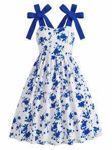 SHEIN Tween Girl Pink Floral Spaghetti Strap Homecoming Dress Fall Outfits Fall Dress Dresses For Girls - Blue - View 5