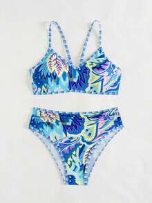 SHEIN Swim 2 件套随机花卉印花女士沙滩装 - 细肩带上衣和高腰比基尼泳裤，夏季 - 彩色 - 查看 5