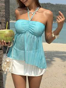 Sunnyshic Women's Green Ruched Strapless Backless Asymmetrical Hem Sexy Sweet Beach Vacation Camisole - Green - View 6