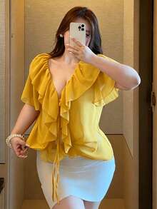 Vibekara Plus Size V-Neck Solid Color Chiffon Ruffle Hem Sheer Sexy Short Sleeve Blouse - Yellow - View 5