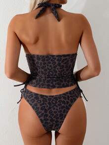 Swim Vcay Women's 2-Piece Tropical Sexy Leopard Print Spaghetti Strap Top With Tie Side Bikini Set, Elegant Vacation Beach Casual Outfit, Valentine's Day Gift - Multicolor - View 2