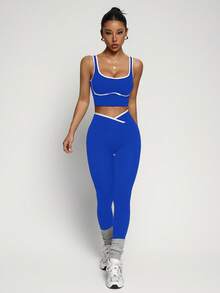 Dewbera Dewbera Women's Yoga Colorblock Seamless Sports Set - Royal Blue - View 3