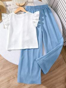 SHEIN 2pcs/Set Girls Cute Summer Blue And White Tropical Vacation Holiday Casual T-Shirt,Flare Sleeve Textured Yarn Bow Top And Wide Leg Pants Set - Blue - View 2