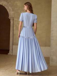 MOTF PREMIUM 蓝色浪漫撞色花边优雅连衣裙 - 藍色 - 查看 3