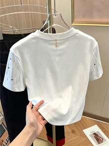 Resyla Camiseta casual de mujer blanca con diamante de imitación / Verano - Blanco - Ver 2