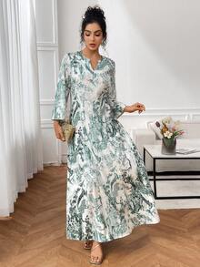 SHEIN Najma Đầm dáng rộng thanh lịch kiểu dáng nghỉ dưỡng, cổ chữ V, in họa tiết, thiết kế kín đáo, phù hợp cho mùa xuân và mùa thu. - màu xanh lá - Xem 3