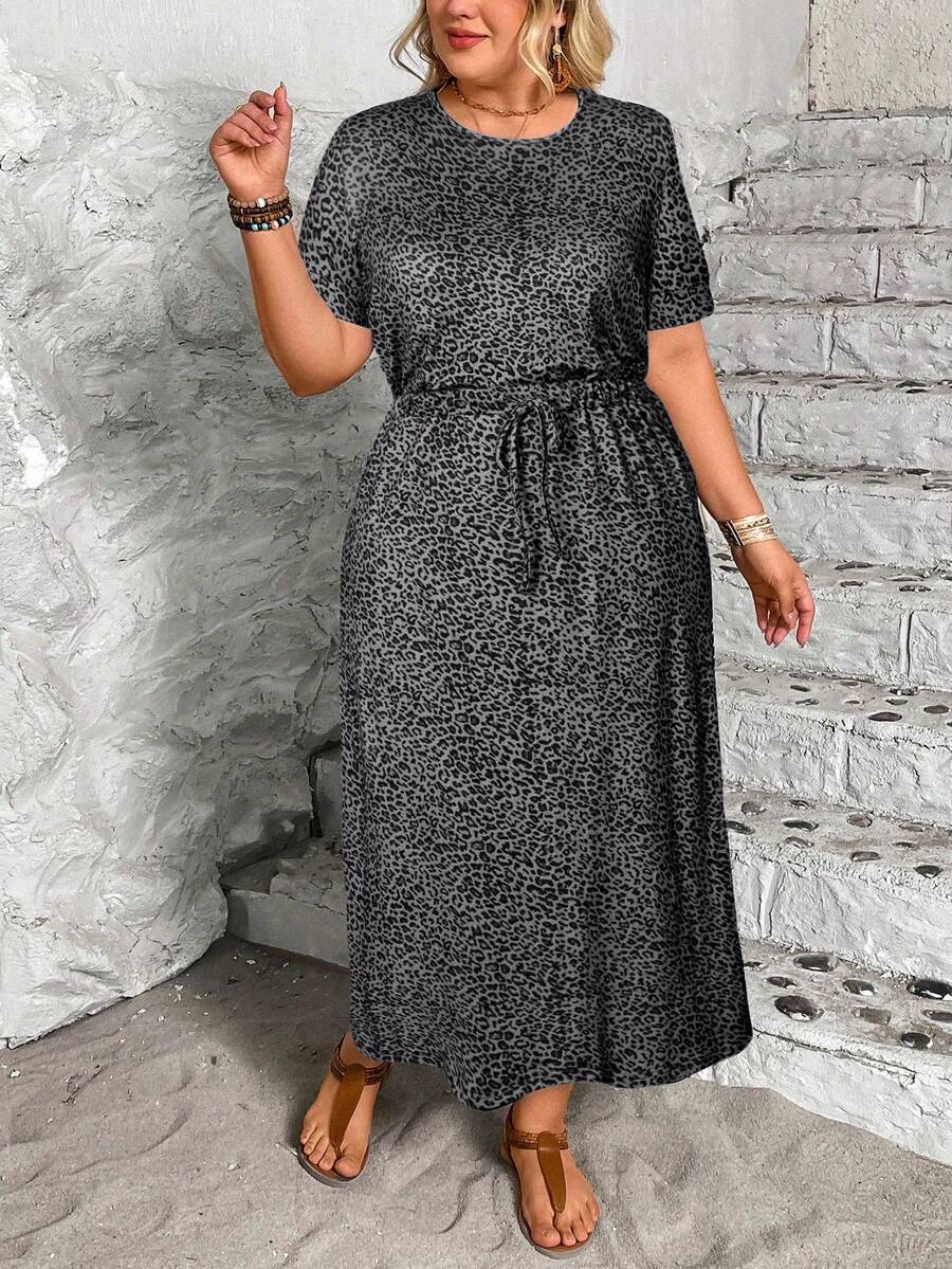 EMERY ROSE Plus Size Comfortable Elastic Leopard Print Waist Cinching Dress, Spring/Summer - Grey - View 1