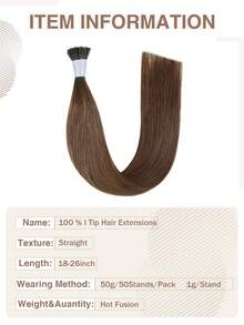 50pcs I Tip Hair Straight Dark Brown Color 150% 18-26 Inch Remy Human Hair I Tip Hair Extension Light Brown Color Hair Extensions - S4 - View 3