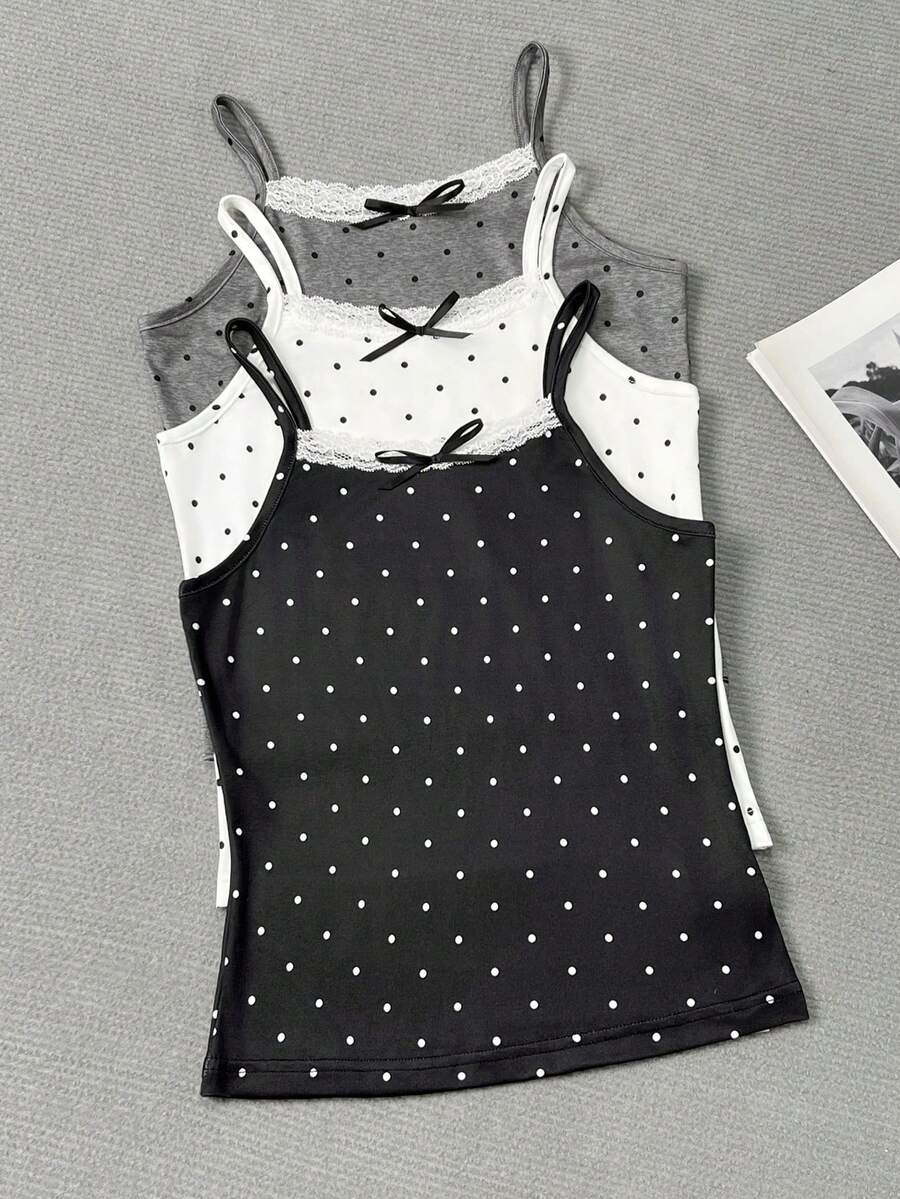 Tween Girl 3pcs Summer Casual Beach Vacation Polka Dot Print Contrast Lace Bow Decor Camisole - Multicolor - View 1