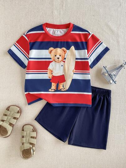 PrepCrw 2 piezas Conjunto de camiseta de manga corta de cuello redondo con estampado de oso de peluche y rayas + pantalones cortos azul marino para niños/niños pequeños, estilo casual escolar y deportivo, de corte holgado, adecuado para uso diario, vuelta al colegio, salidas, deportes, primavera y verano