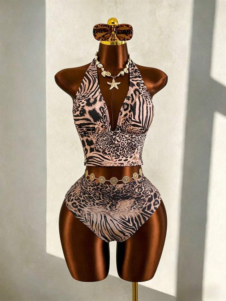 2026 New Animal Print Plus Size 3 PiecesSwimsuit Set, Women Summer Beach Vacation Outfit - Multicolor - View 8