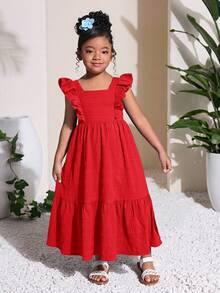 Robe longue pour jeune fille mode, col carré bleu, manches à volants, style bohème, dos nu avec nœud décoratif, drapé confortable, imprimé totem noir et blanc, minimaliste et élégante. Convient pour les fêtes, sorties, vacances et plage au printemps/été - Rouge - Voir 2