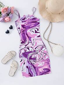 SHEIN 少女夏季海滩度假蝴蝶结印花蝴蝶结装饰吊带裙 - 紫色 - 查看 6