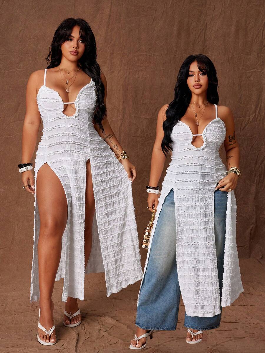 Rustia Plus Size Women's Sheer Sexy Slit Dress, Lace Trim Hollow Out Spaghetti Strap Bodycon Dress - White - View 1